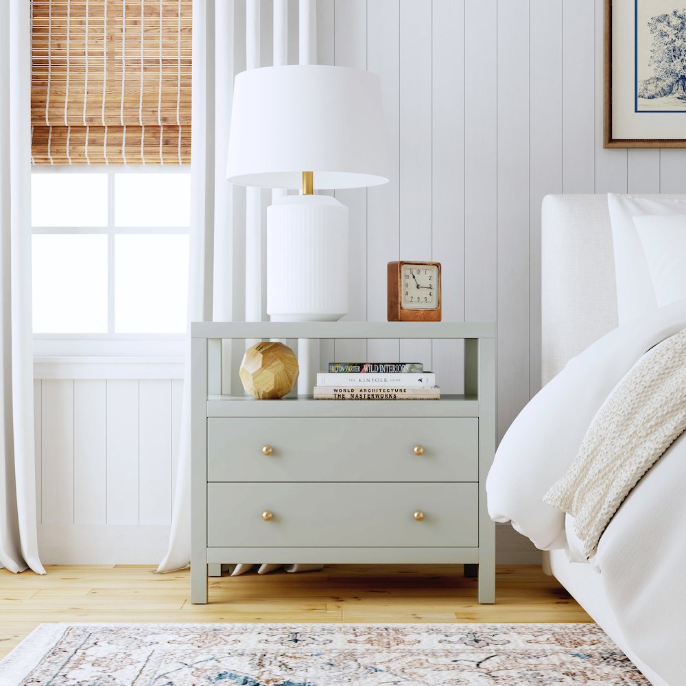 Nora 2-Drawer Wide Nightstand, Green. Picture 6