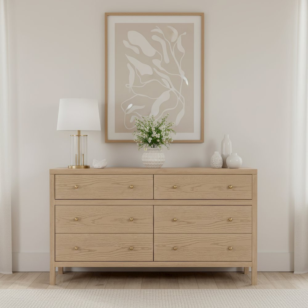 Nora 60 in W. Rectangular Wood 6 Drawer Dresser, Light Brown. Picture 2