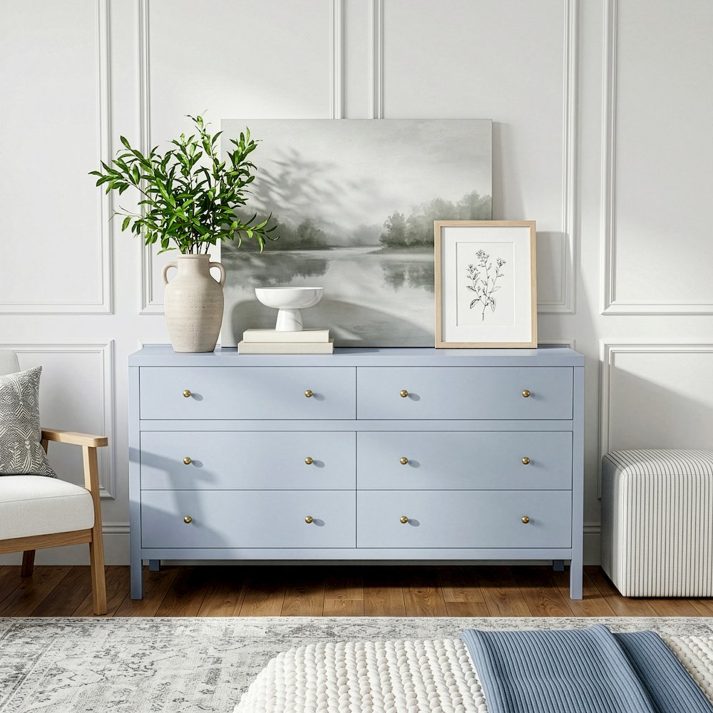 Nora 60 in W. Rectangular Wood 6 Drawer Dresser, Light Blue. Picture 2