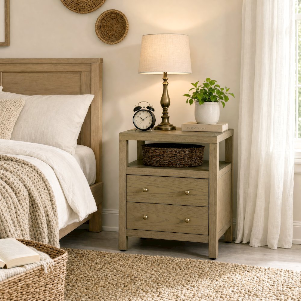 Nora 21 in. W Rectangular Wood 2 Drawer Nightstand with Open Shelf, Light Brown. Picture 7