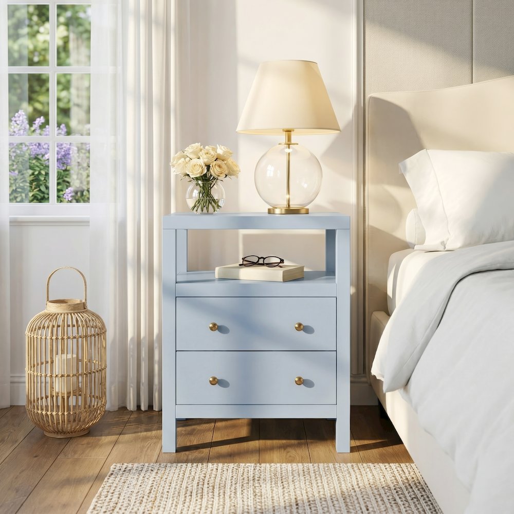 Nora 21 in. W Rectangular Wood 2 Drawer Nightstand, Light Blue. Picture 2