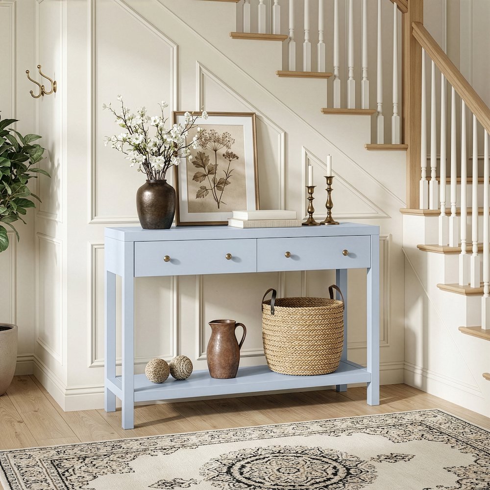 Nora 40 in. W Wood 2 Drawer Console Table, Light Blue. Picture 2