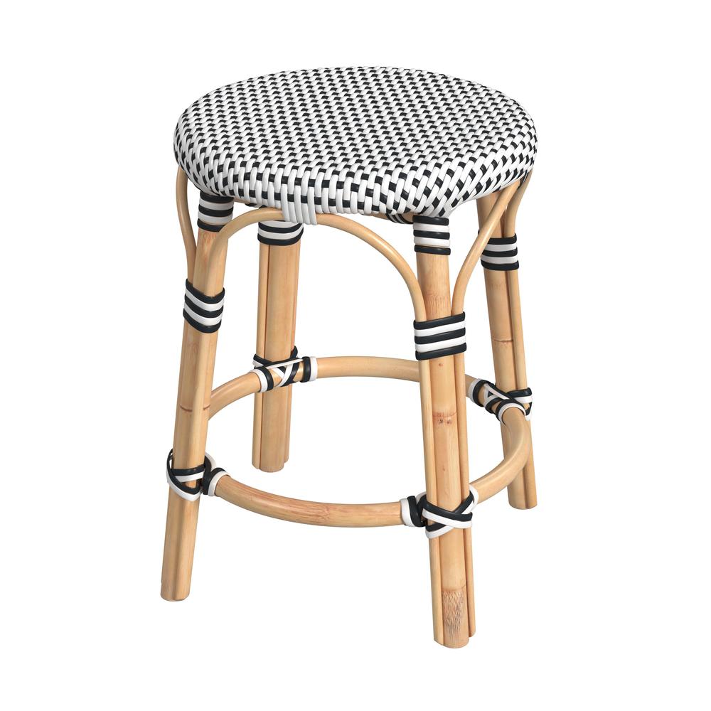 Tobias Rattan Round 18" Stool, White and Black. Picture 1