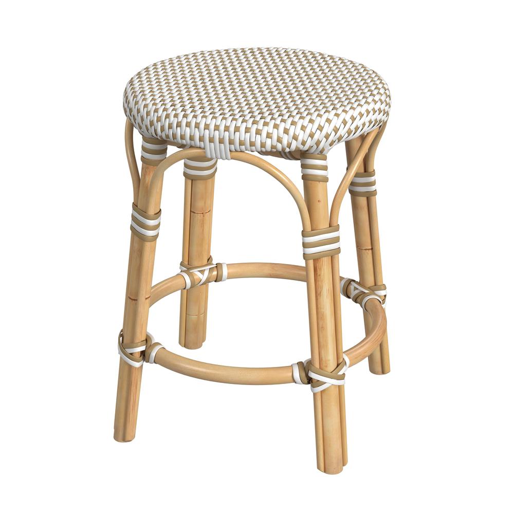 Tobias Rattan Round 18" Stool, White and Tan Dot. Picture 1