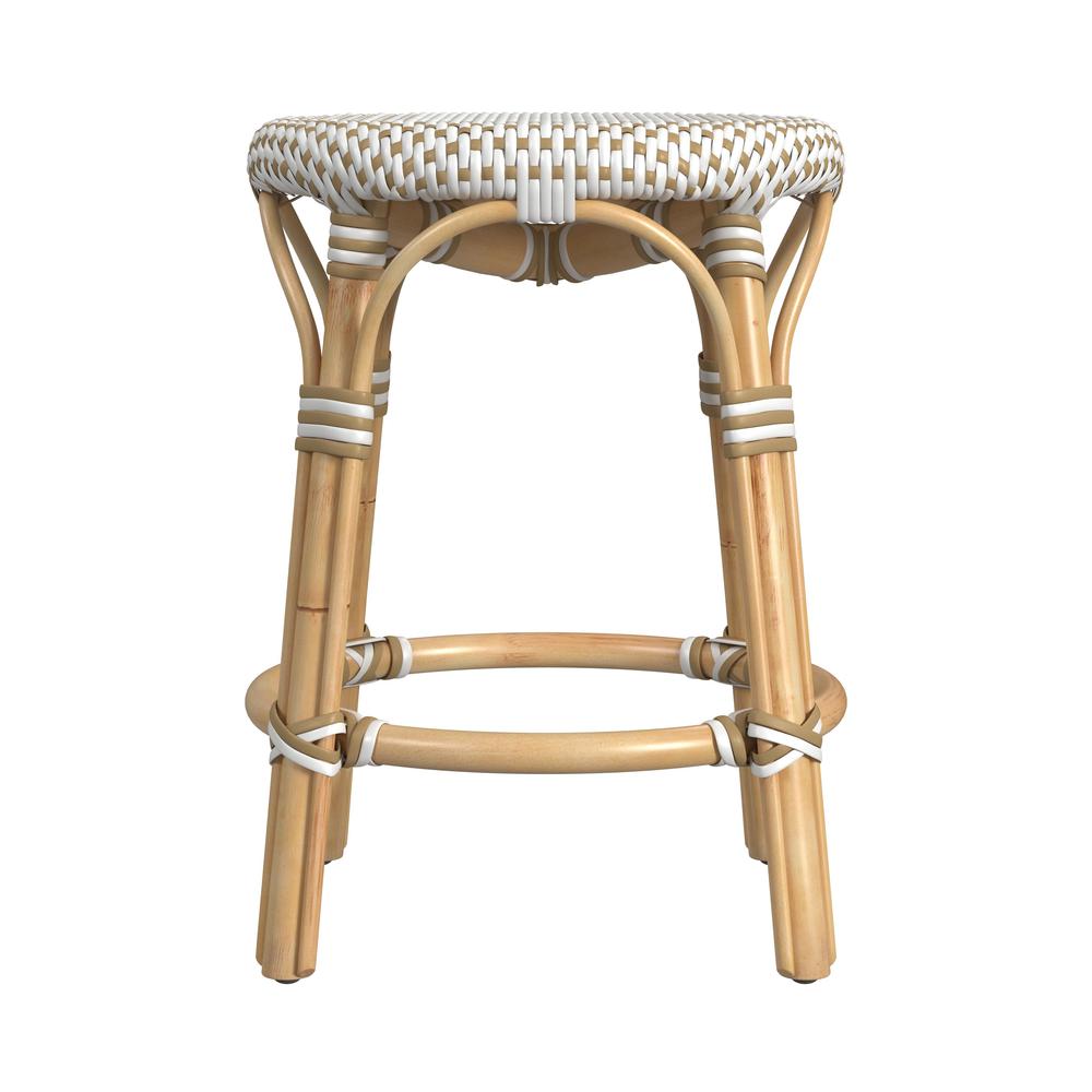 Tobias Rattan Round 18" Stool, White and Tan Dot. Picture 2