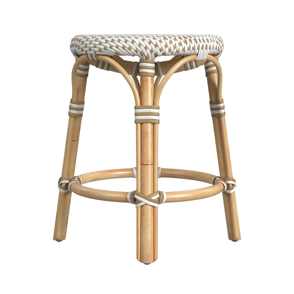 Tobias Rattan Round 18" Stool, White and Tan Dot. Picture 3