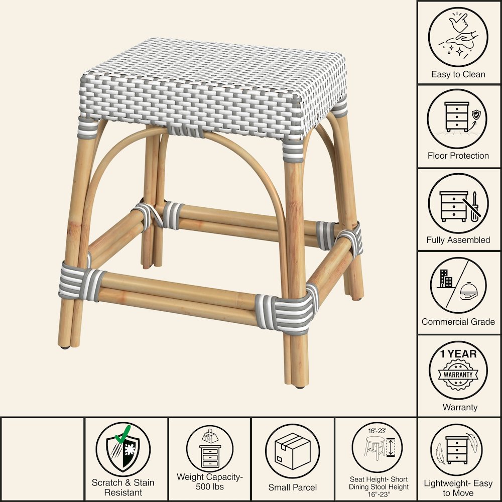 Robias Rattan Rectangular 18" Dining Stool, Gray and White Dot. Picture 7