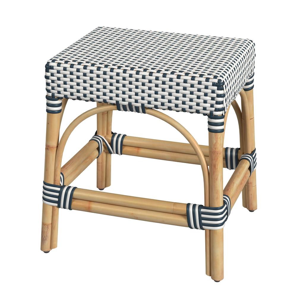 Robias Rattan Rectangular 18" Dining Stool, White and Navy Stripe. Picture 1