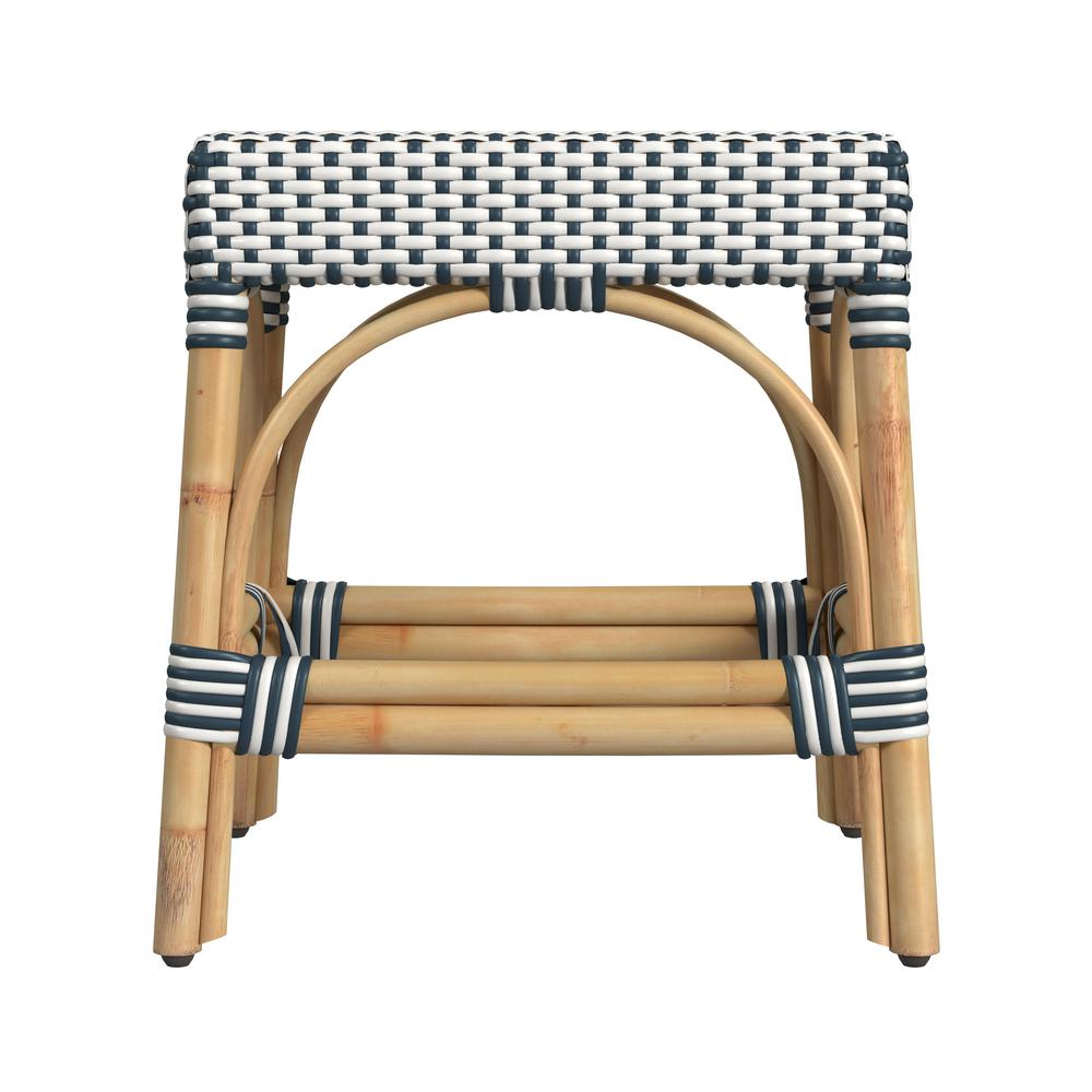 Robias Rattan Rectangular 18" Dining Stool, White and Navy Stripe. Picture 2