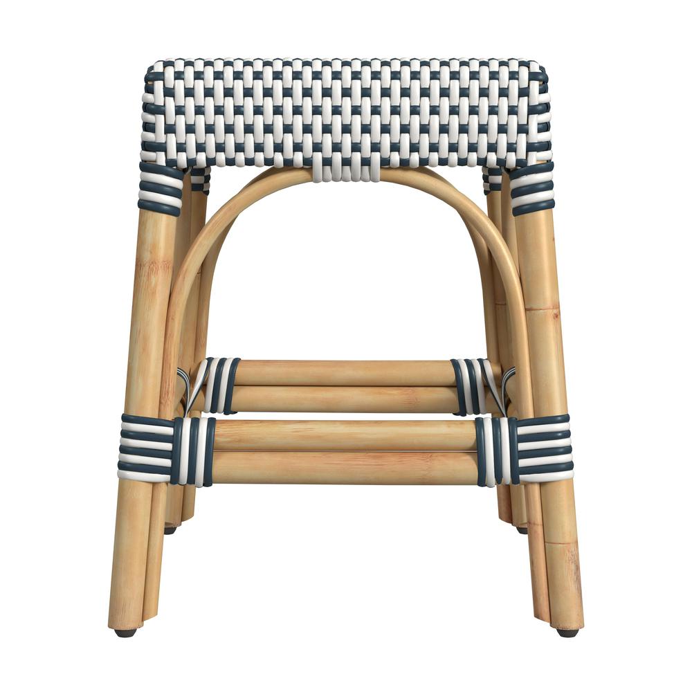 Robias Rattan Rectangular 18" Dining Stool, White and Navy Stripe. Picture 3
