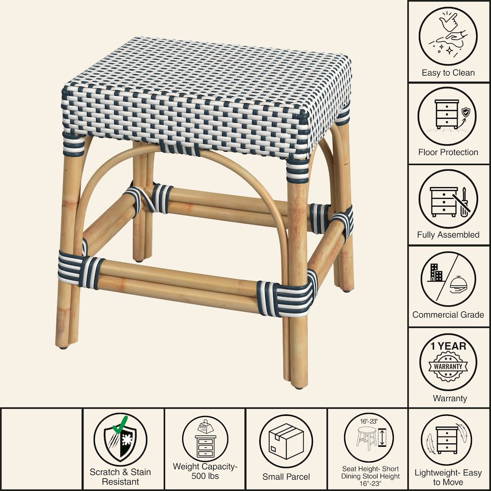 Robias Rattan Rectangular 18" Dining Stool, White and Navy Stripe. Picture 7