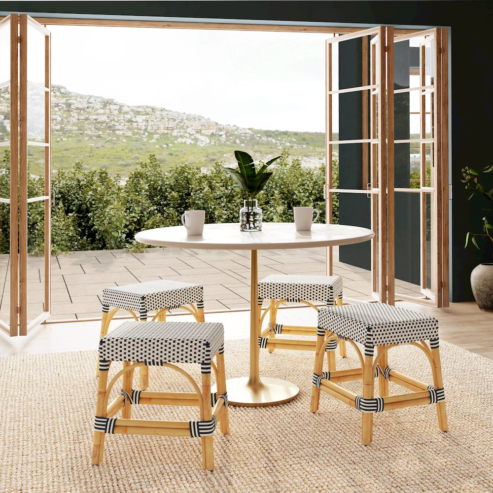 Robias Rattan Rectangular 18" Dining Stool, White and Navy Stripe. Picture 6