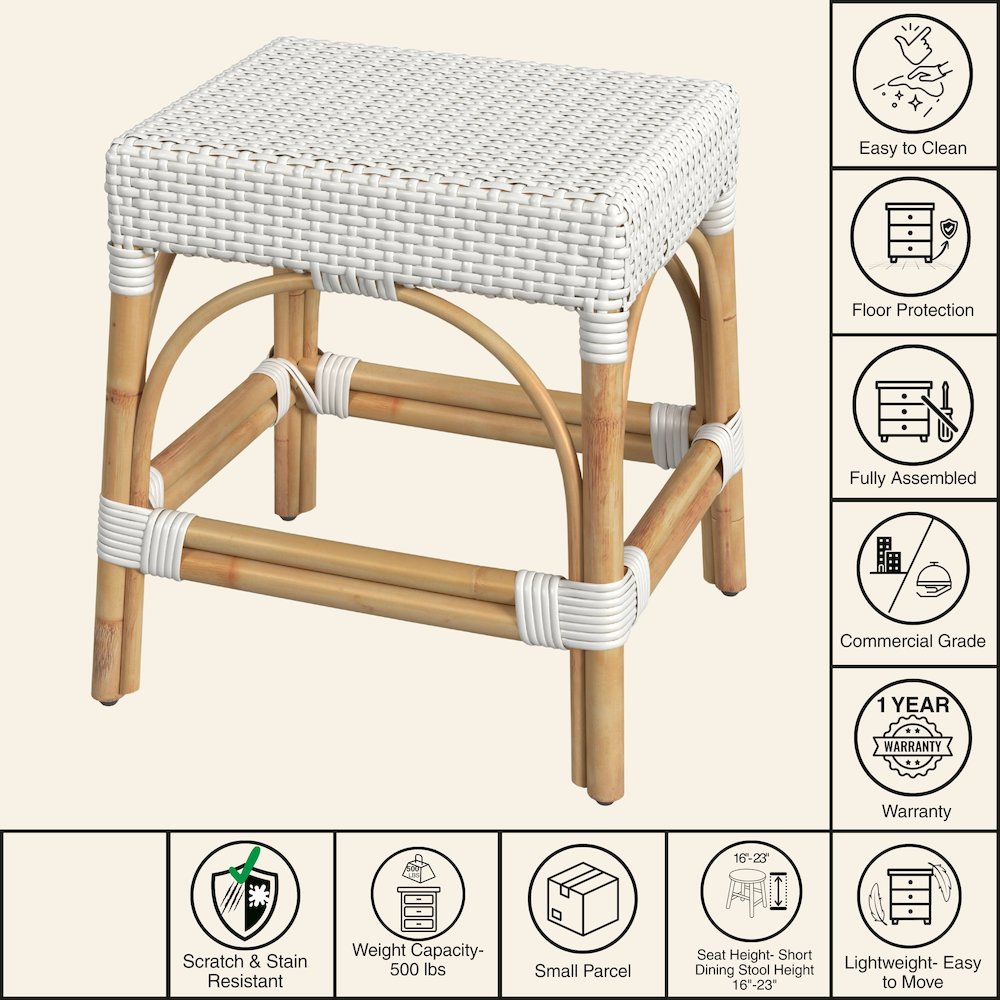 Robias Rattan Rectangular 18" Dining Stool, White. Picture 7
