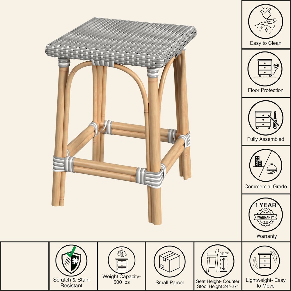 Riviera Square 24"H  Rattan Counter Stool, Gray and White. Picture 8