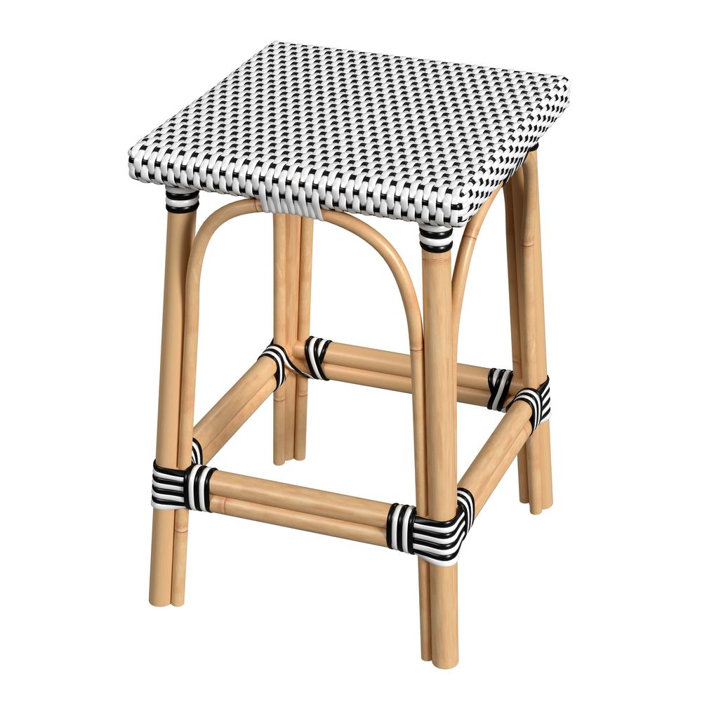 Riviera Square 24"H  Rattan Counter Stool, Black and White. Picture 1