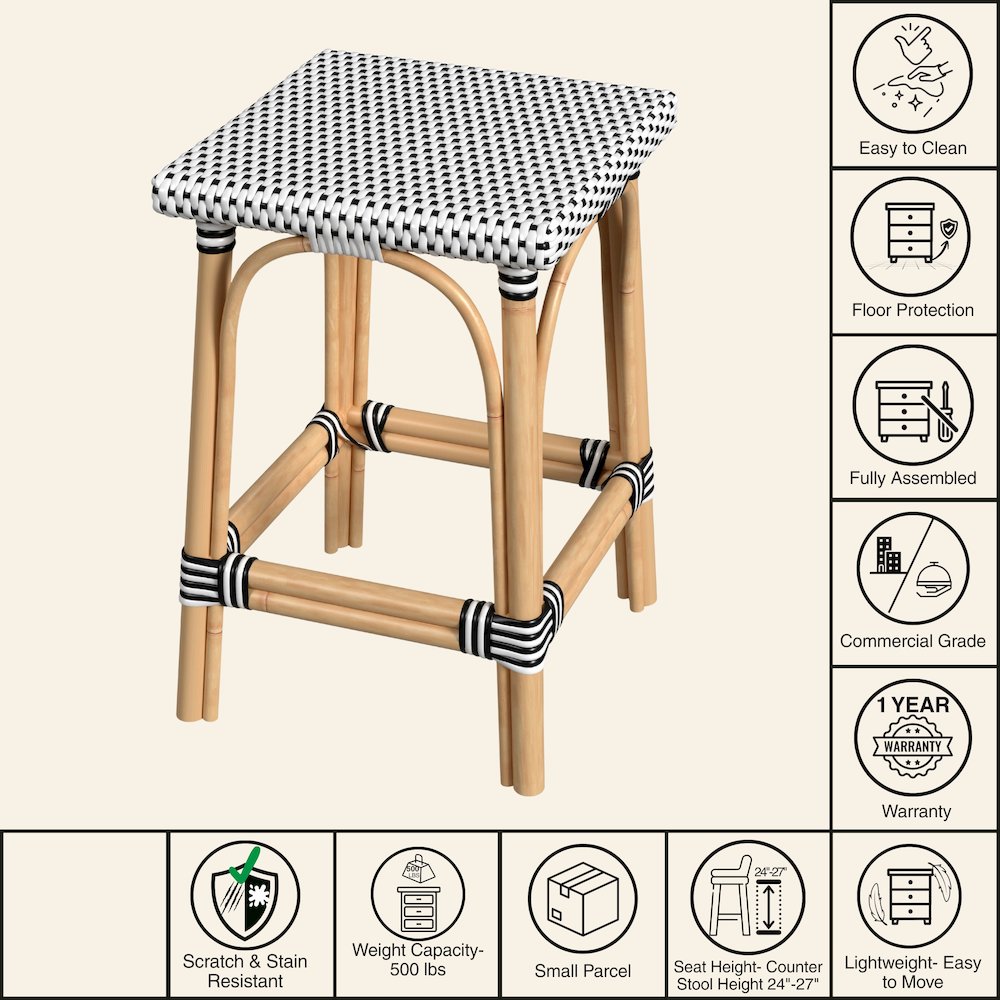 Riviera Square 24"H  Rattan Counter Stool, Black and White. Picture 7