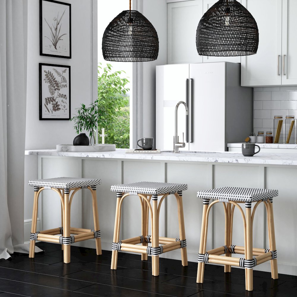 Riviera Square 24"H  Rattan Counter Stool, Black and White. Picture 2