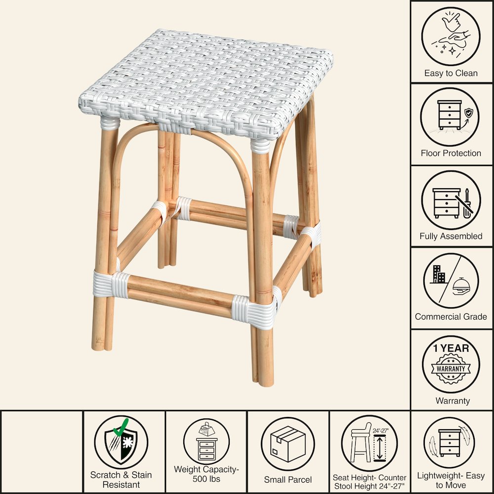 Riviera Square 24"H  Rattan Counter Stool, Glossy White. Picture 7