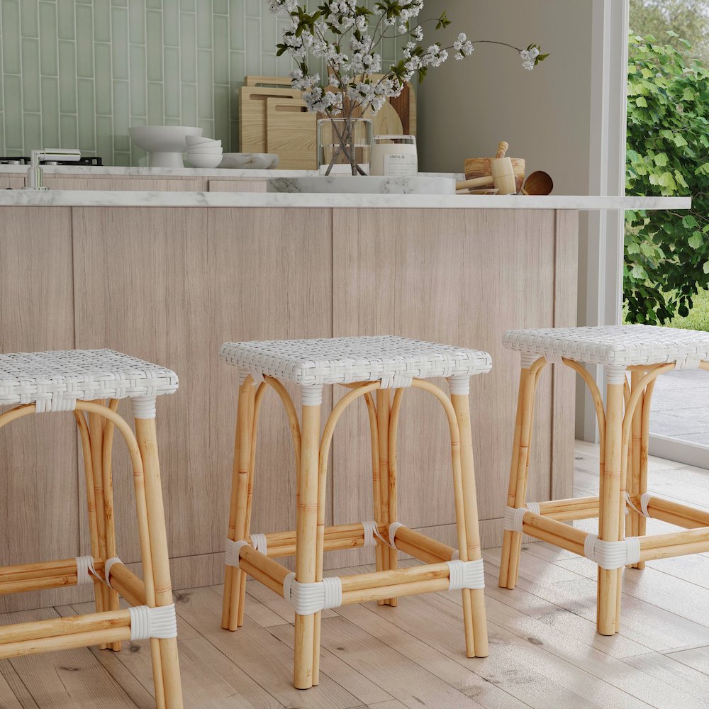 Riviera Square 24"H  Rattan Counter Stool, Glossy White. Picture 2