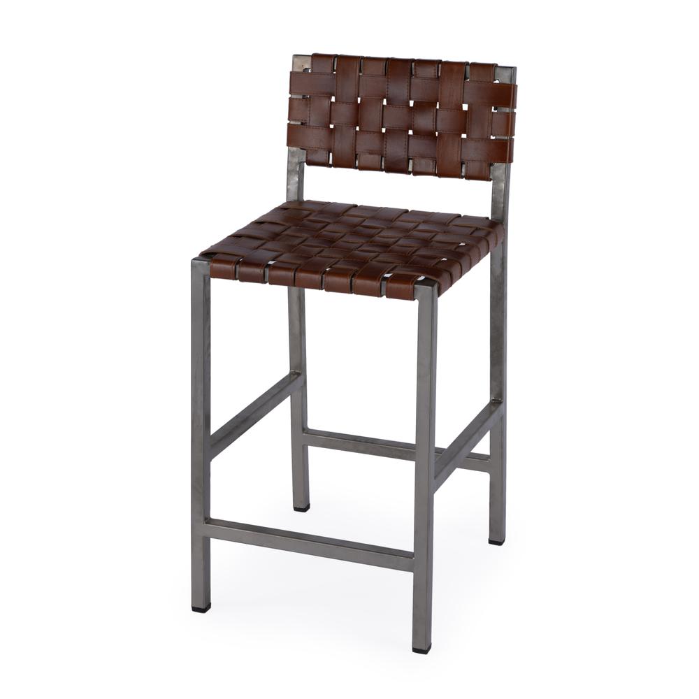 Bromley Iron and Leather 24.5" Counter Stool, Brown. Picture 1
