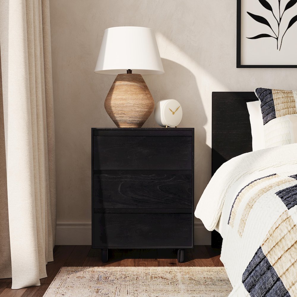 Halmstad 22 in. W Wood Panel 3 Drawer Narrow Nightstand, Black. Picture 2