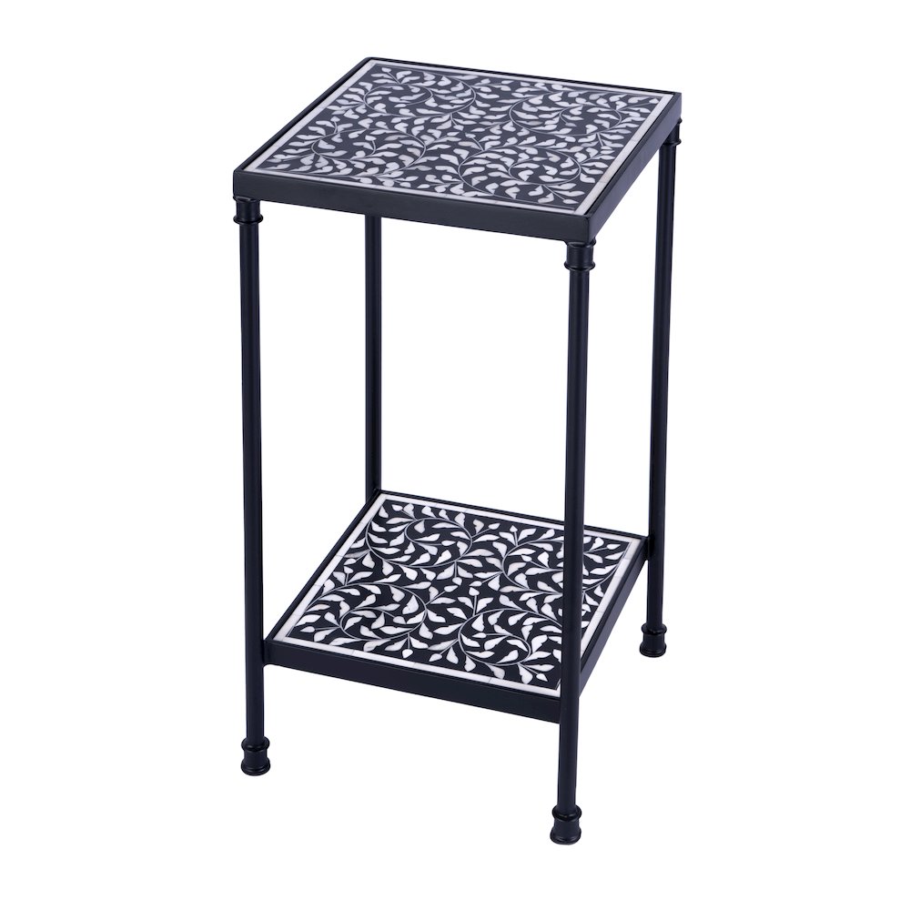 Lana Resin and Bone Inlay Side Table, Black and White. Picture 1