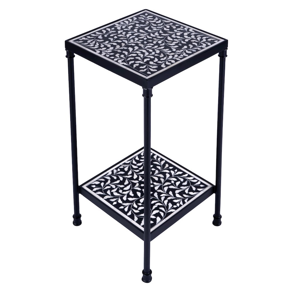 Lana Resin and Bone Inlay Side Table, Black and White. Picture 4