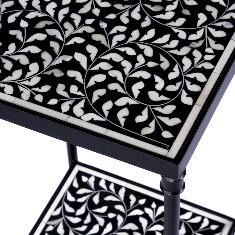 Lana Resin and Bone Inlay Side Table, Black and White. Picture 5
