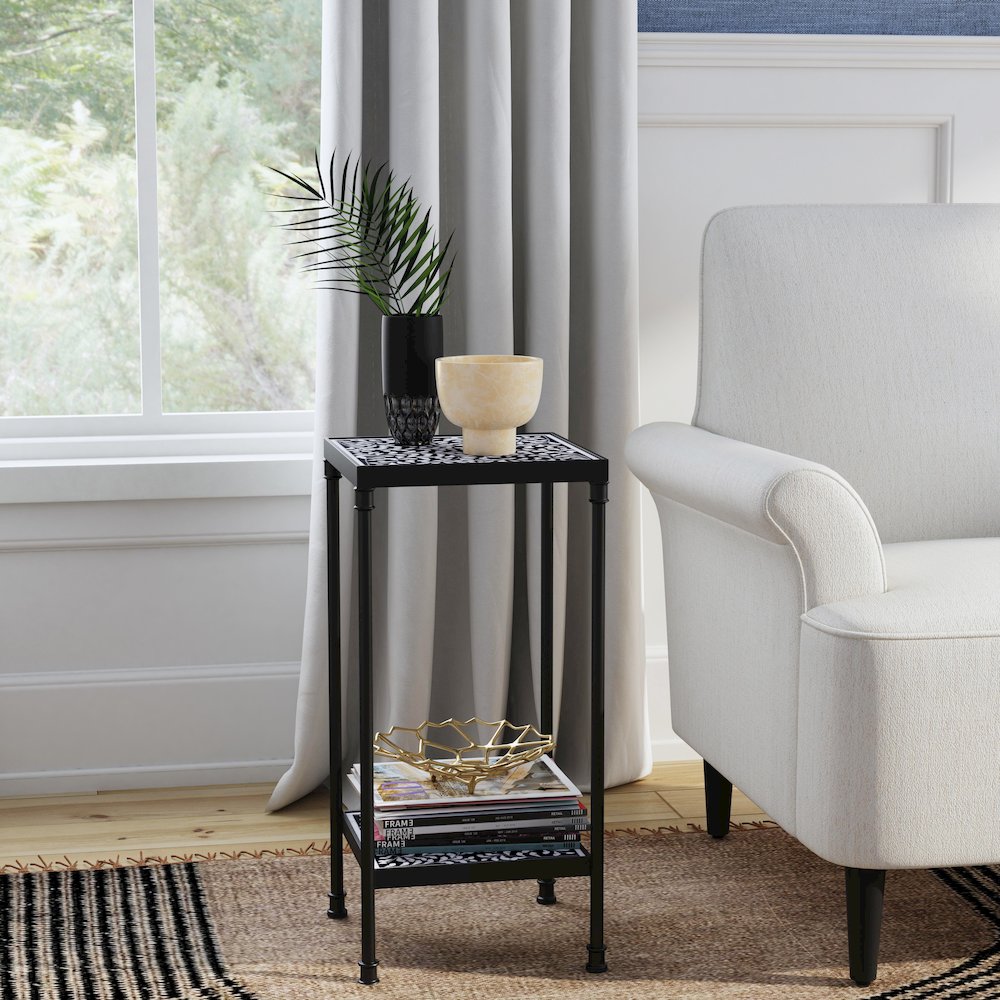 Lana Resin and Bone Inlay Side Table, Black and White. Picture 7