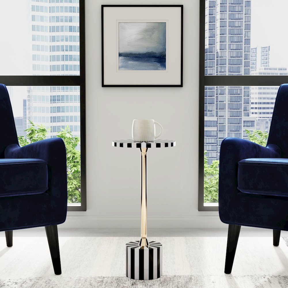 Zane Brass and Bone Inlay Side Round Side Table, Black and White. Picture 5