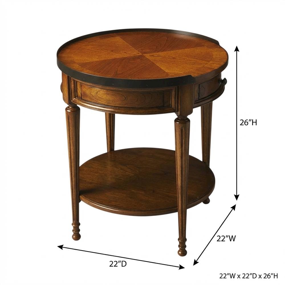 Round Side Table with Drawer, Transitional Accent Table, Olive Ash. Picture 4