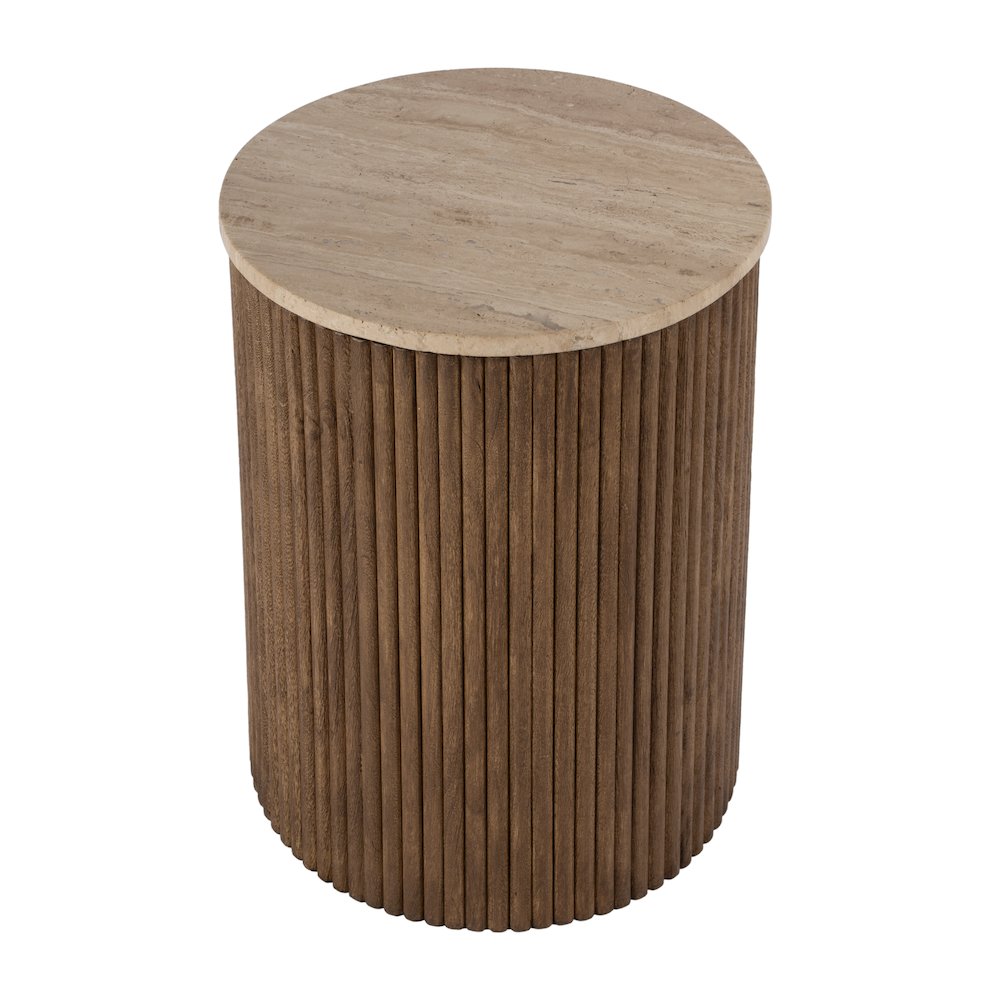 Ruby 15 in. W Round Fluted Travertine and Wood Side Table, Brown. Picture 1