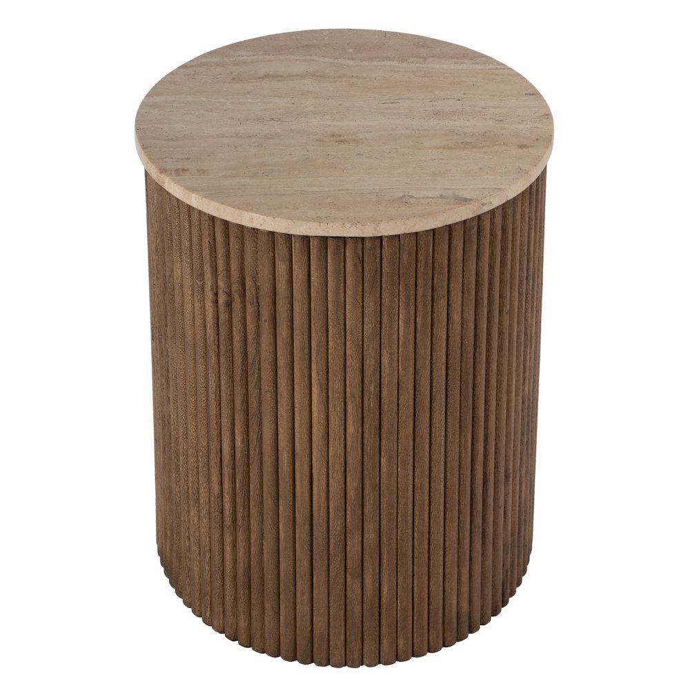 Ruby 15 in. W Round Fluted Travertine and Wood Side Table, Brown. Picture 2
