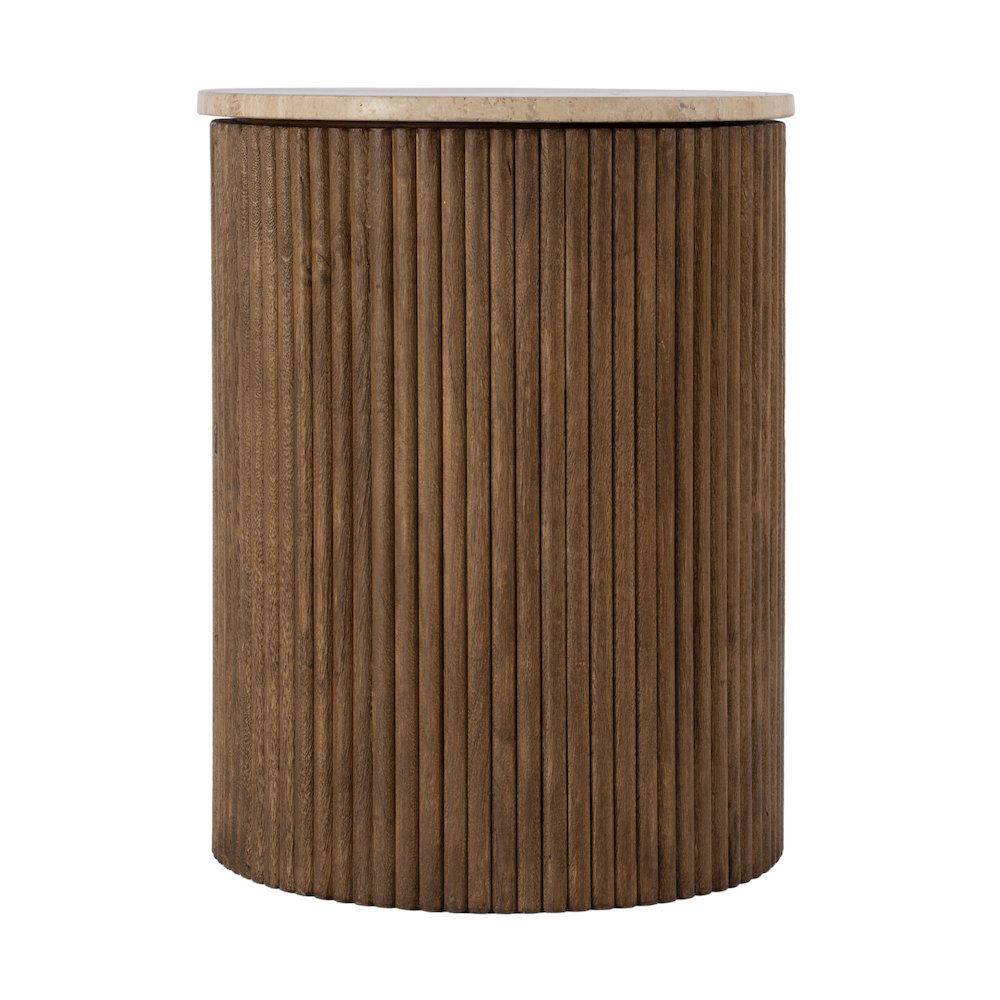Ruby 15 in. W Round Fluted Travertine and Wood Side Table, Brown. Picture 3