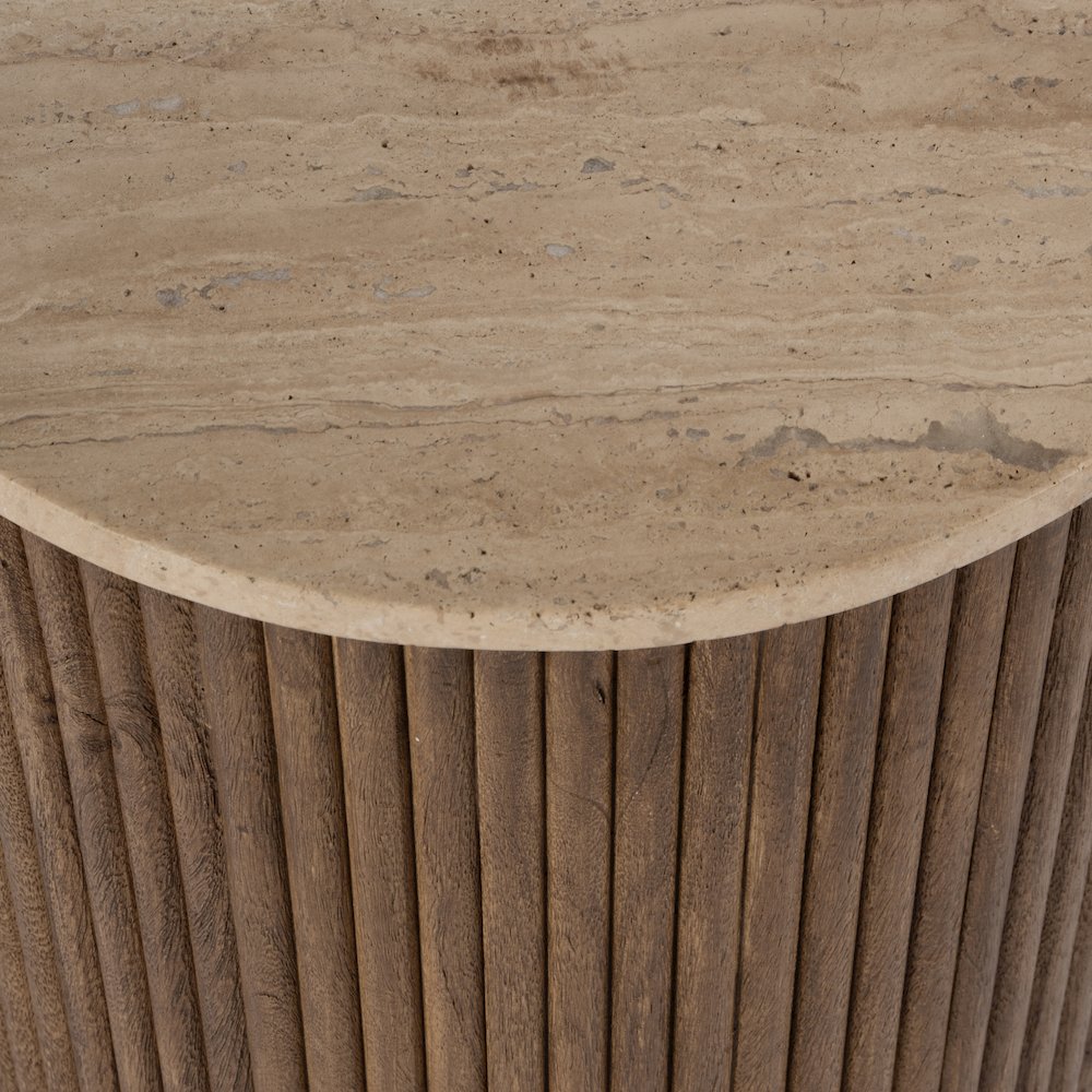 Ruby 15 in. W Round Fluted Travertine and Wood Side Table, Brown. Picture 4