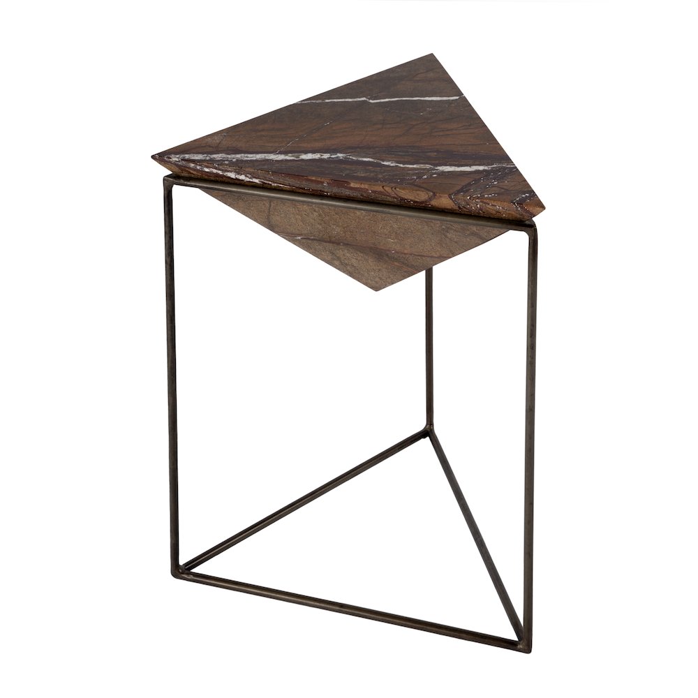 Addis 16.5 in. W Triangular Marble and Iron Pyramid Side Table, Brown. Picture 1