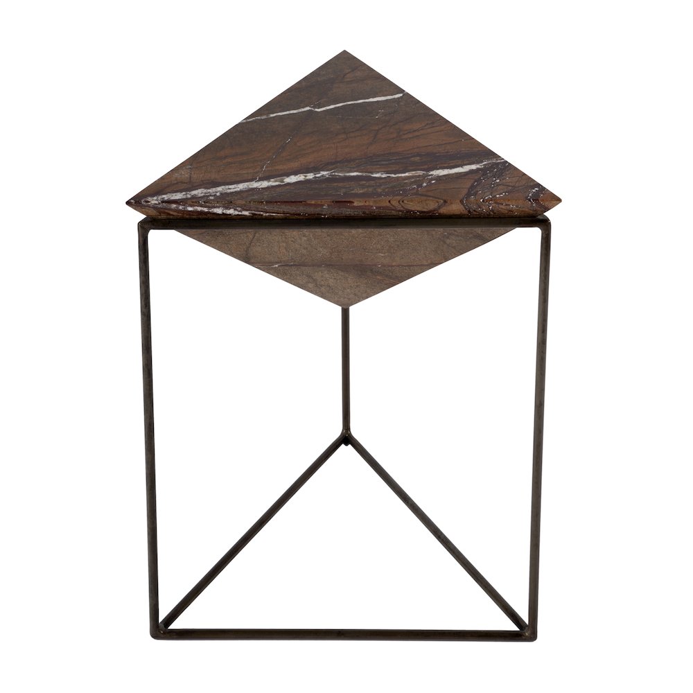 Addis 16.5 in. W Triangular Marble and Iron Pyramid Side Table, Brown. Picture 2