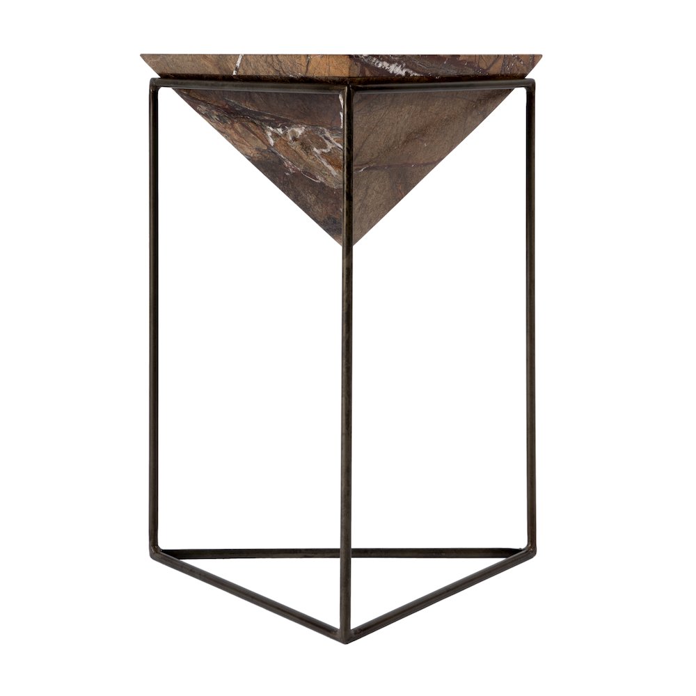 Addis 16.5 in. W Triangular Marble and Iron Pyramid Side Table, Brown. Picture 4