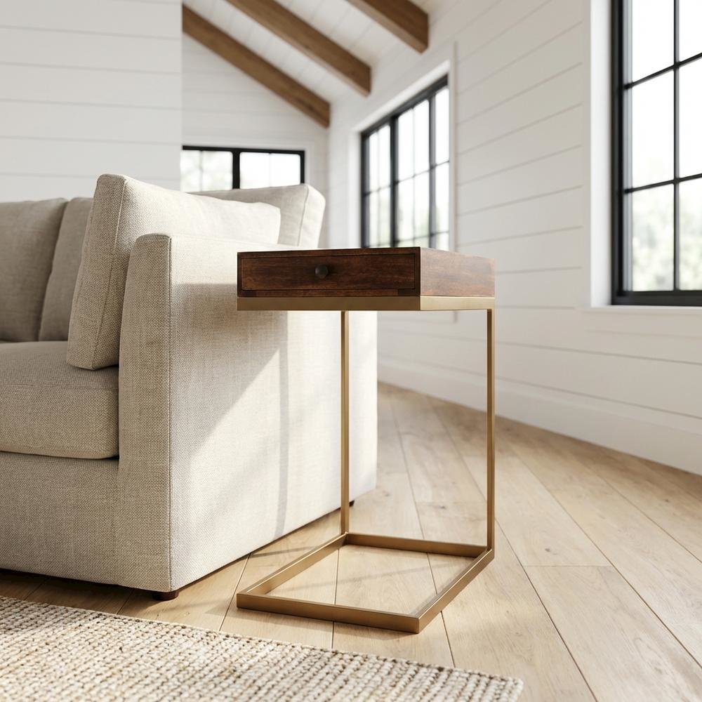 C Shaped End Table with Drawer, Mid-Century Modern Side Table for Living Room. Picture 2