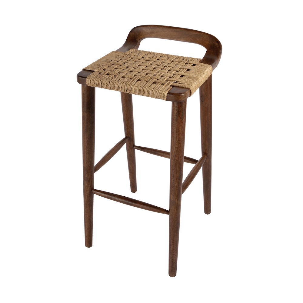 Luna 30 in. Seat Height Wood and Jute Woven Low Back Counter Stool, Brown. Picture 1