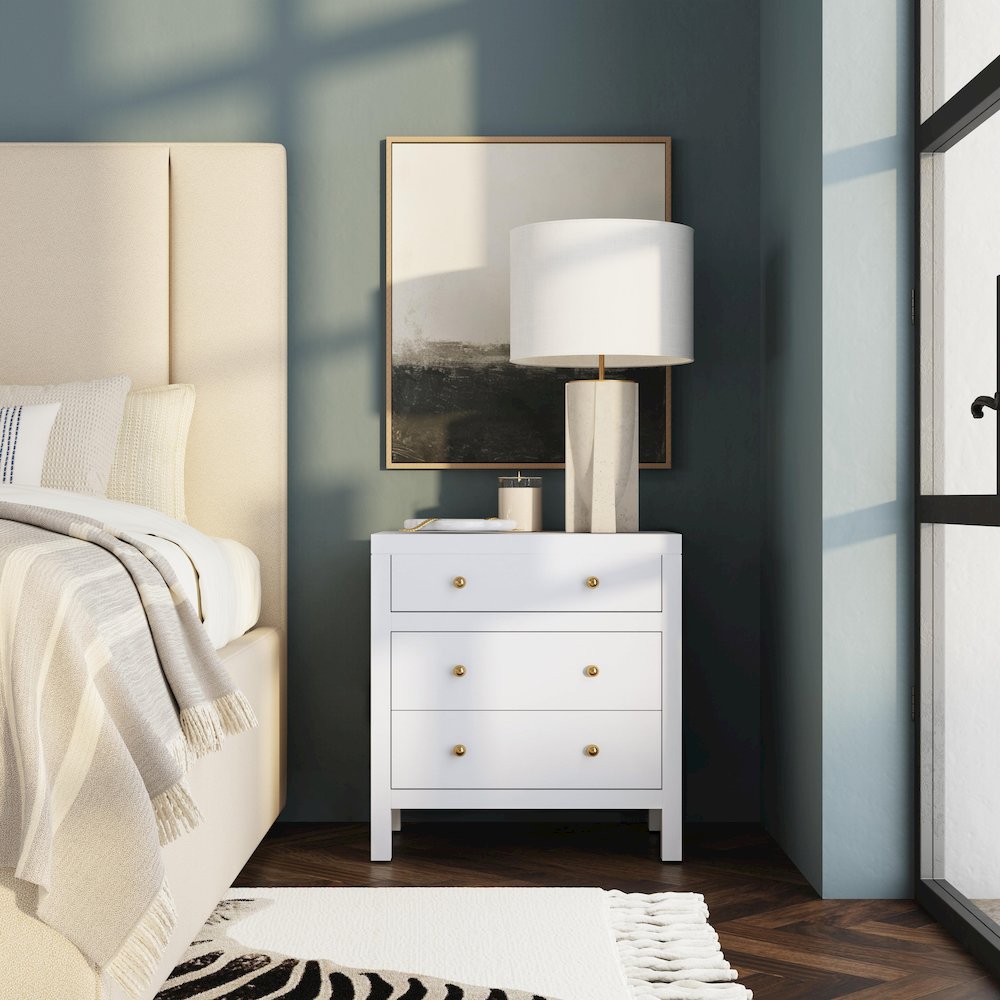 Nora 25 in. W Rectangular Wood 3 Drawer Nightstand, White. Picture 2