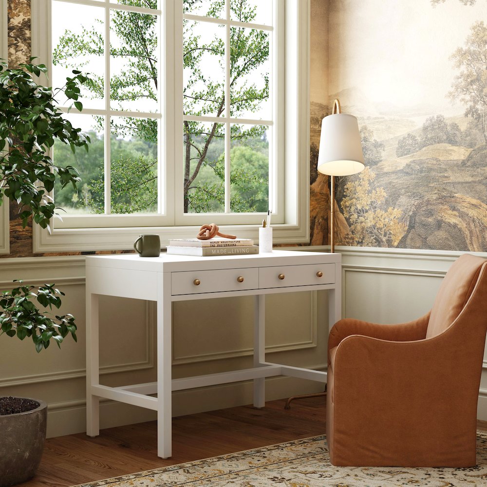 Nora 40 in. W Rectangular Wood 2 Drawer Writing Desk, Smooth White. Picture 2