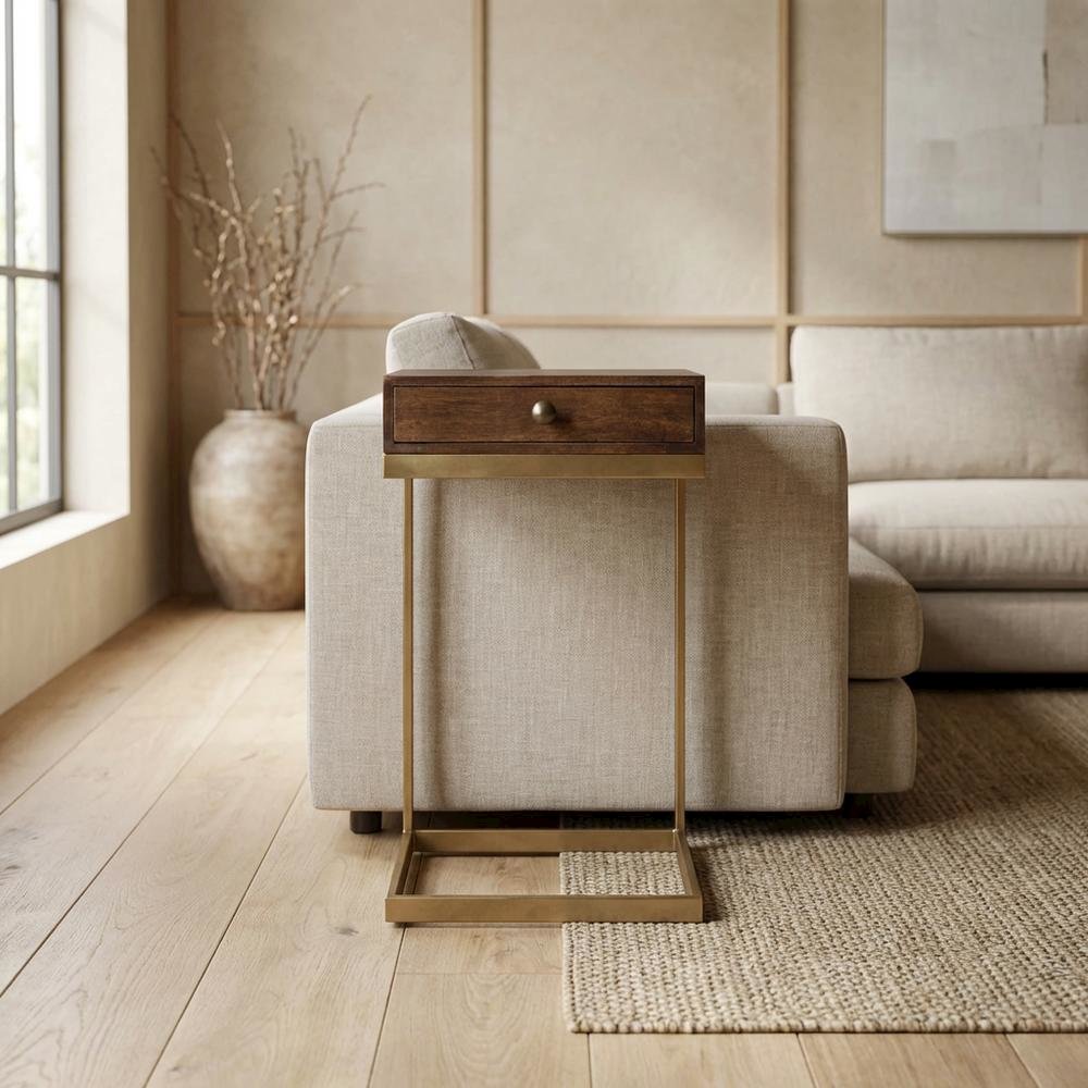 C Shaped End Table with Drawer, Mid-Century Modern Side Table for Living Room. Picture 3