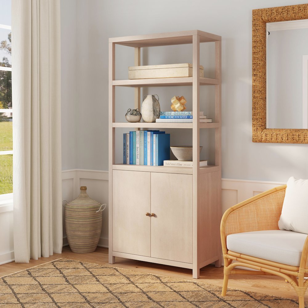 Nora 32 in W. x 72 in. H Wood 3- Tier Etagere Bookcase, Taupe. Picture 2