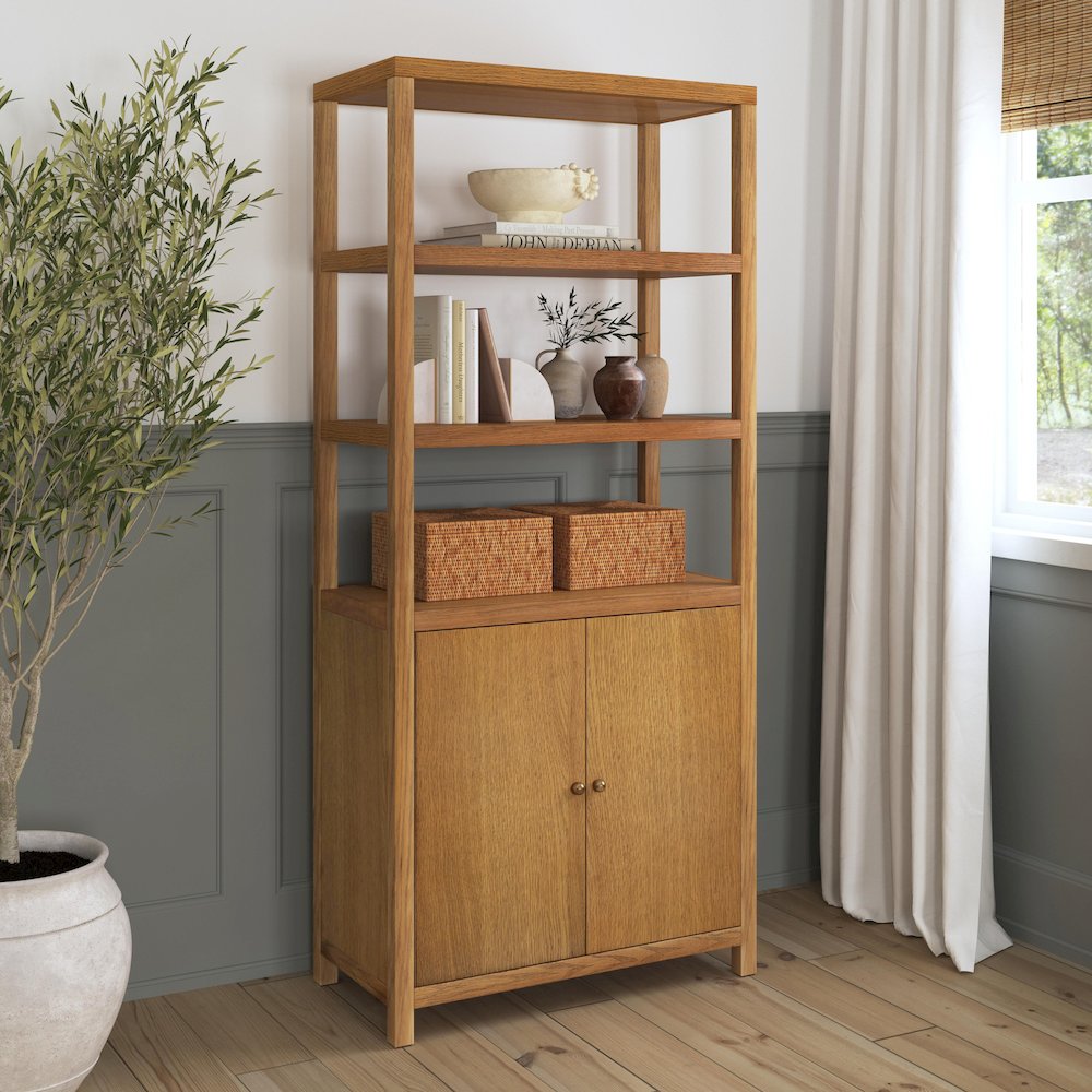 Nora 32 in W. x 72 in. H Wood 3- Tier Etagere Bookcase, Natural. Picture 2