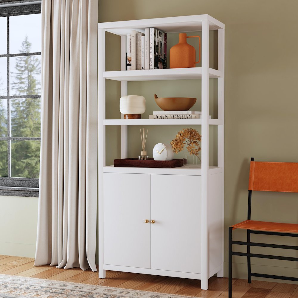Nora 32 in W. x 72 in. H Wood 3- Tier Etagere Bookcase, White. Picture 2