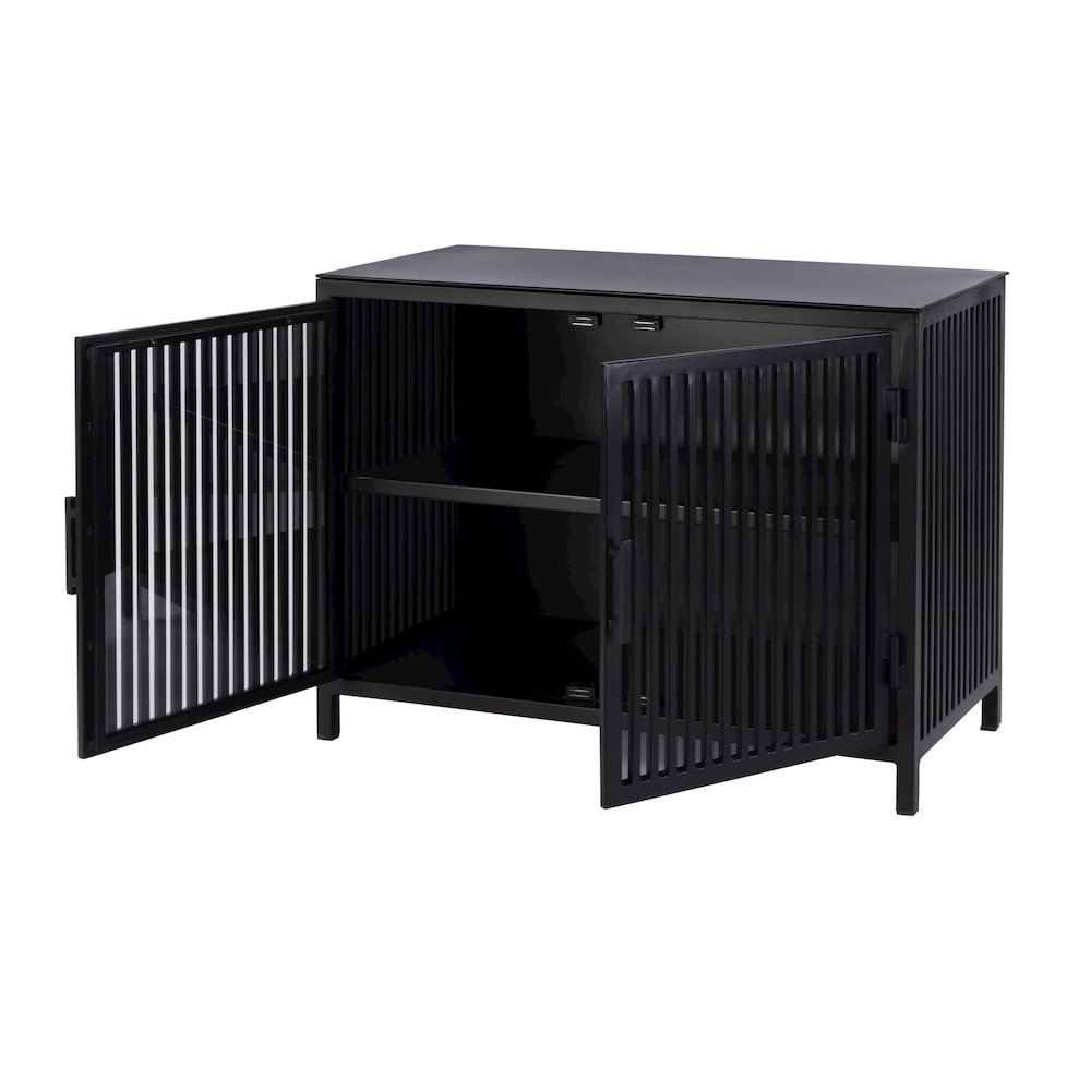 35.5 in. W Iron and Glass Accent Storage Chest with 1 Interior Shelf, Black. Picture 3