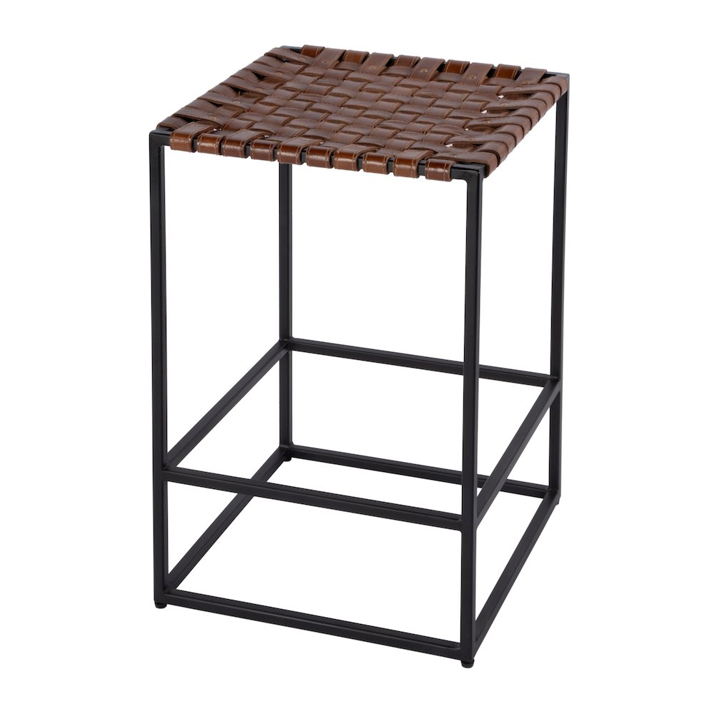 24 in. Seat Height Leather and Iron Backless Counter Stool with Footrest, Brown. Picture 1