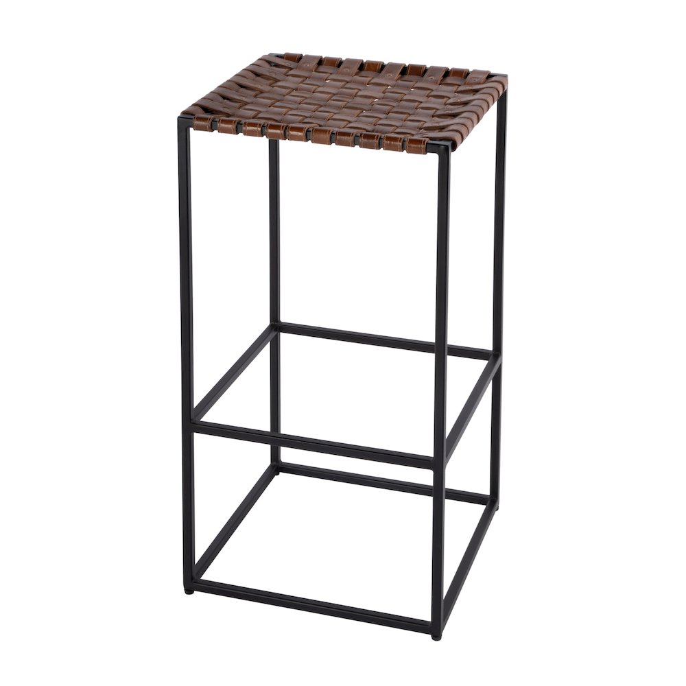 30 in. Seat Height Leather and Iron Backless Bar Stool with Footrest, Brown. Picture 1