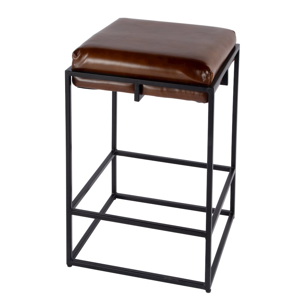 26 in. Seat Height Leather and Iron Backless Counter Height Stool with Footrest. Picture 1